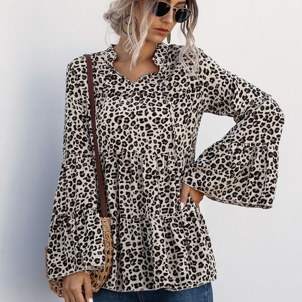 Leopard Print Peplum style long sleeve blouse - Picture 5 of 7